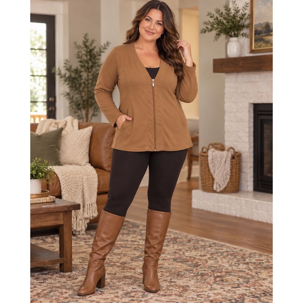 d&co. ACTIVE Women's 1X Camel Zip Front Jacket Stretch Cotton Blend Plus Size